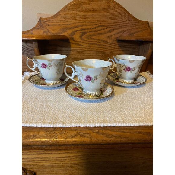 3 Manna Rose/Gold Lusterware Pedestal Cups with Reticulated Saucers - Picture 7 of 10